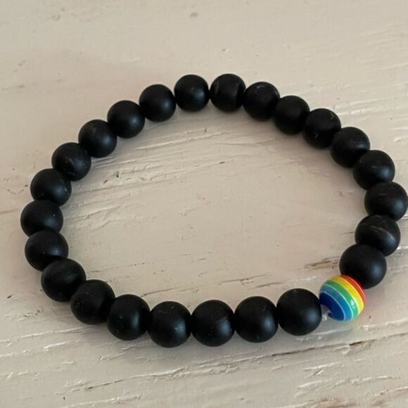Stackable opaque black ebony beaded stretch bracelet w/LGBTQ+ bead - Picture 6 of 11